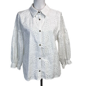 Ivy City Co. White Eyelet Blouse Jacket size Large Puffy Sleeves Wedding Prairie